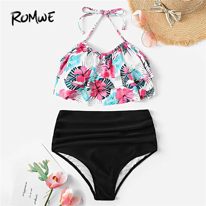 

Romwe Sport Bikinis Set Multicolor Tropical Tiered Layer Top With Ruched Bottoms Swimsuit Women Beach Vacation Two-Pieces Suits