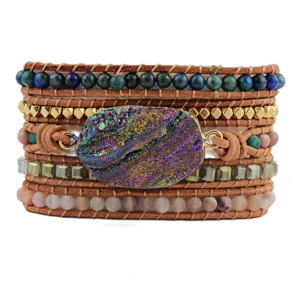 

Dropshipping Unique 5X Women Leather Bracelets Rainbow Galaxy Quartz Handmade Bracelets Bohemian Natural Stone Wrap Bracelet