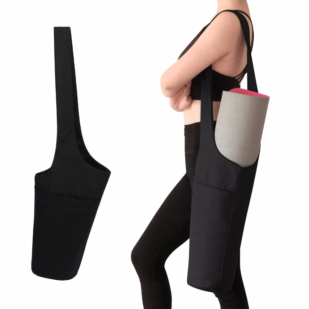 Black Tote Yoga Mat Bag Vihir Foldable Canvas Gym Yoga Exercise Sling Carrier with Large Side