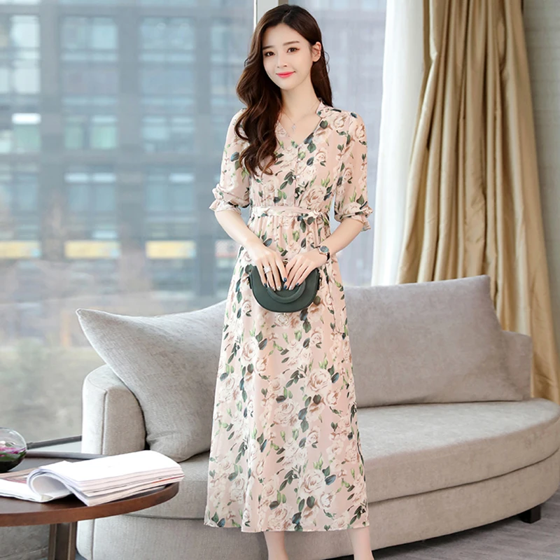 

LINPEIHAN Vintage floral dress Women Summer Dress V collar casual printting elegant beach Chiffon Dress Long dresses vestido