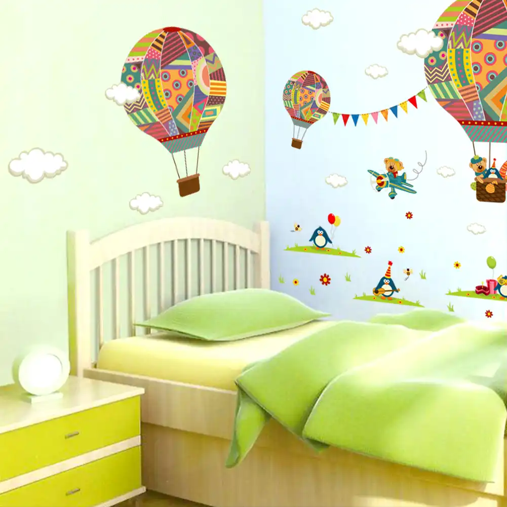 Multicolor Hot Air Balloon Penguin Bear Wall Stickers Home Cartoon Decorations Kids Nursery Bedroom