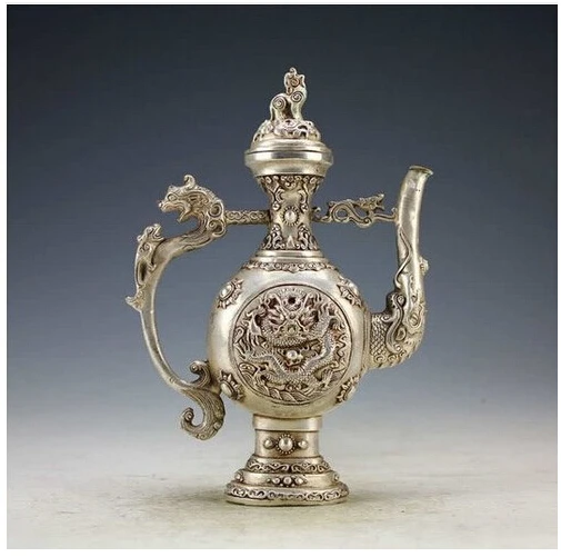 

China Tibetan handmade vintage silver copper dragon teapot flagon Garden Decoration 100% real Tibetan Silver Brass
