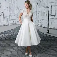 Vestido De Novia V-ausschnitt Kurze Hochzeit Kleid Robe De Mariage Appliques Spitze Tee-länge Illusion Brautkleid Hochzeit Kurze drsess