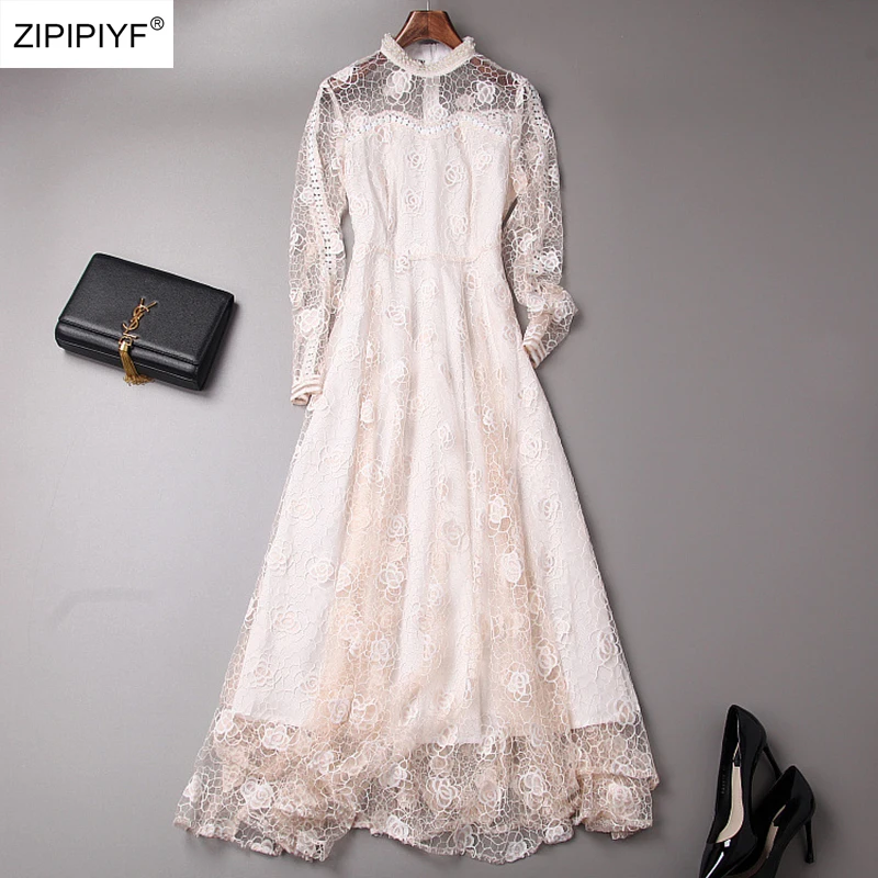 2018 Runway Designer Stand Collar Hollow Out Long Sleeve Lace A-Line Dress Solid High Waist Mid-Calf Evening Robe Vestidos W1036