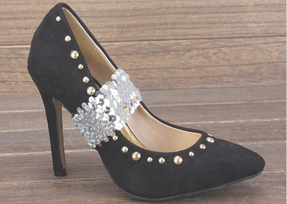 Модные Классические золотистые/Серебристые/черные туфли; аксессуары для обуви на высоком каблуке; блестящие эластичные Туфли с круглым носком и блестками