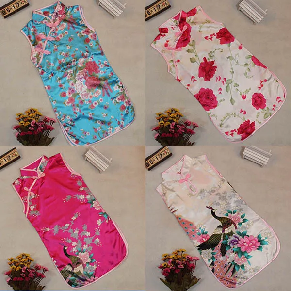 

2017 Kids Baby Girls Sleeveless Retro Chinese Peacock One-Piece Dress 2-8Y Cheongsam