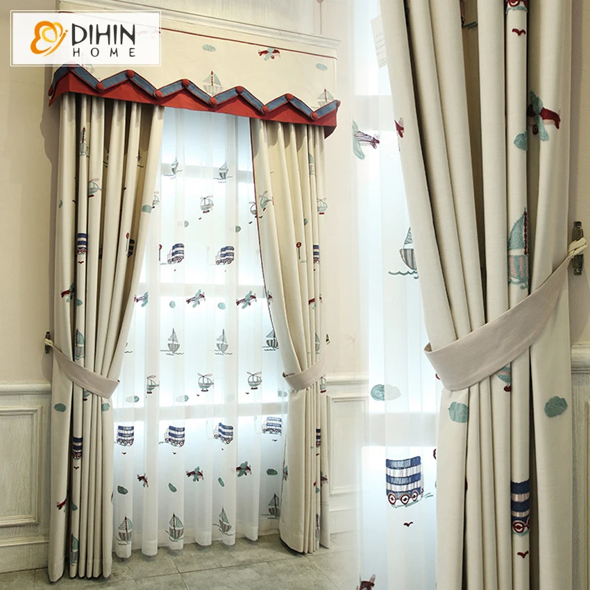

Cartoon Small Plane and Bus Embroidered Blackout Curtain Customized Valance Luxury Window Curtains 1 Panel