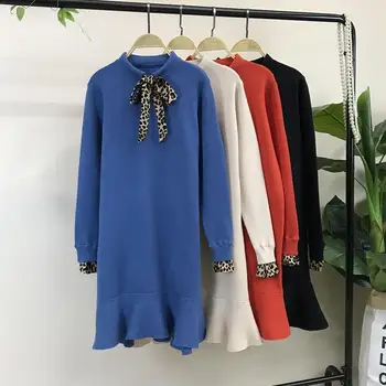 

2019 Fashion Knitted Maternity Nursing Dress Pregnancy Clothes For Pregnant Women Patchwork Leopard Ruffles Sweater Vestido Q533