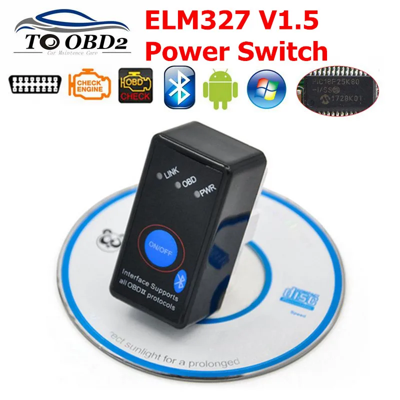Автомобильный мини сканер ELM327 V1.5 Bluetooth с переключателем вкл/выкл и чипом PIC18F25K80 ELM