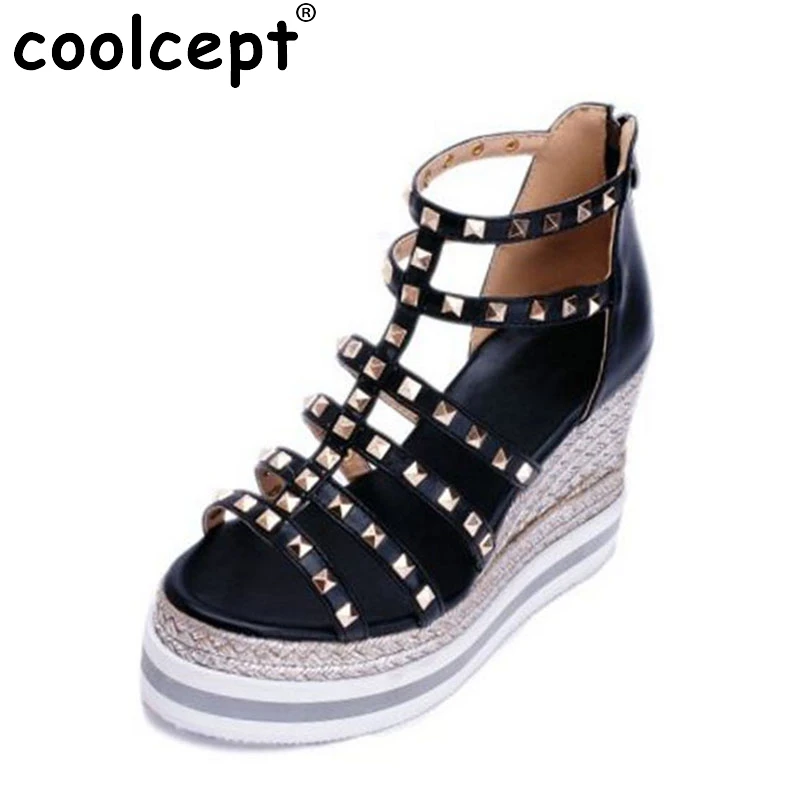 

Coolcept Elegant Women Gladiator Genuine Leather Wedges Sandals Rivets Zipper Summer Shoes Woman Daily Work Sandal Size 34-39