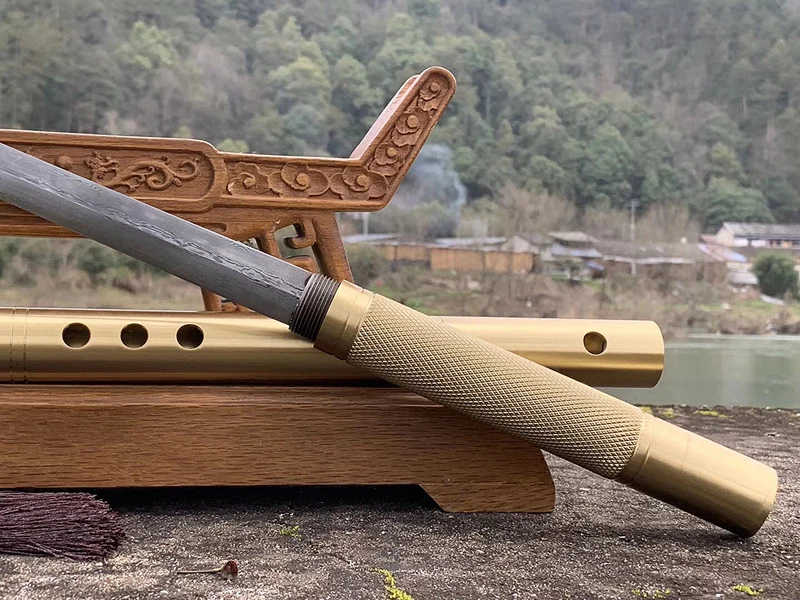 H-Quality Handmade Flute style pure copper Damascus Folded Steel Fine Hand Polished Collecation Sword Chinese Knife