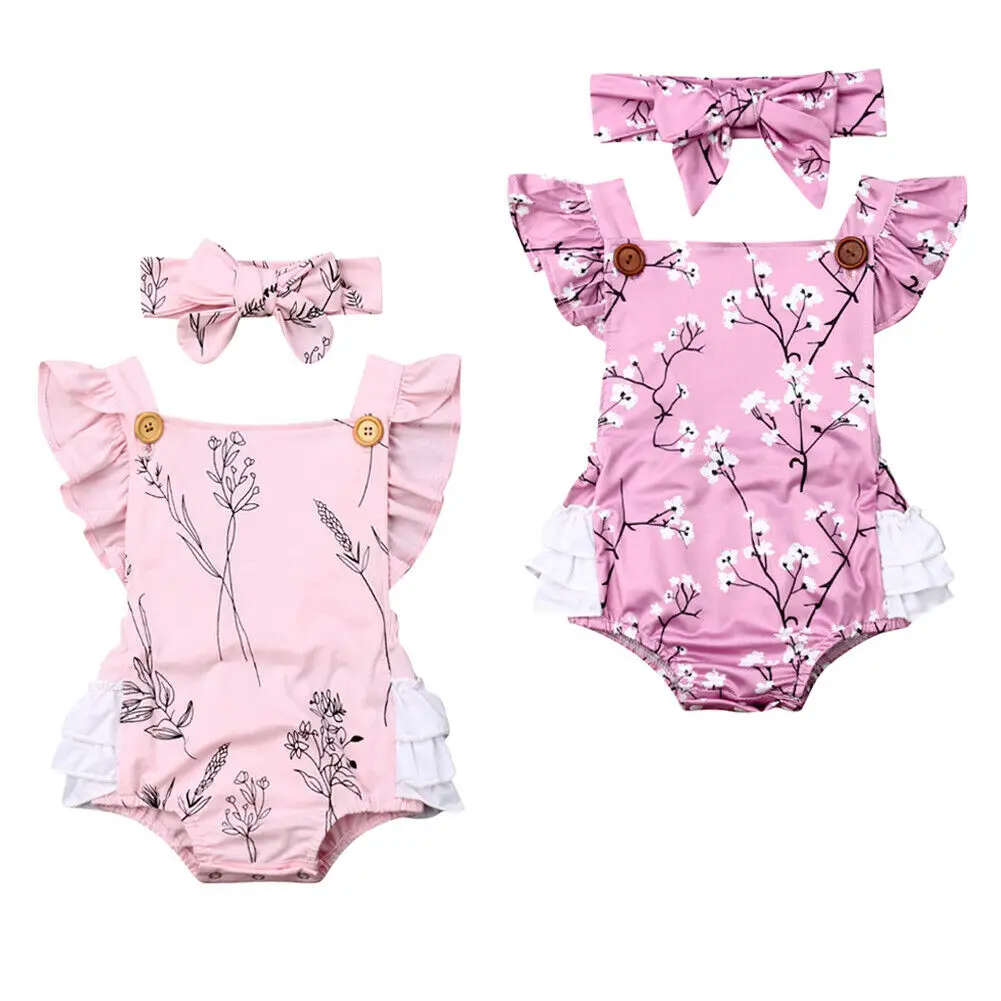 2PCS Newborn Infant Toddler Baby Girls Romper Bodysuit Jumpsuit Clothes Outfits Flying Sleeve