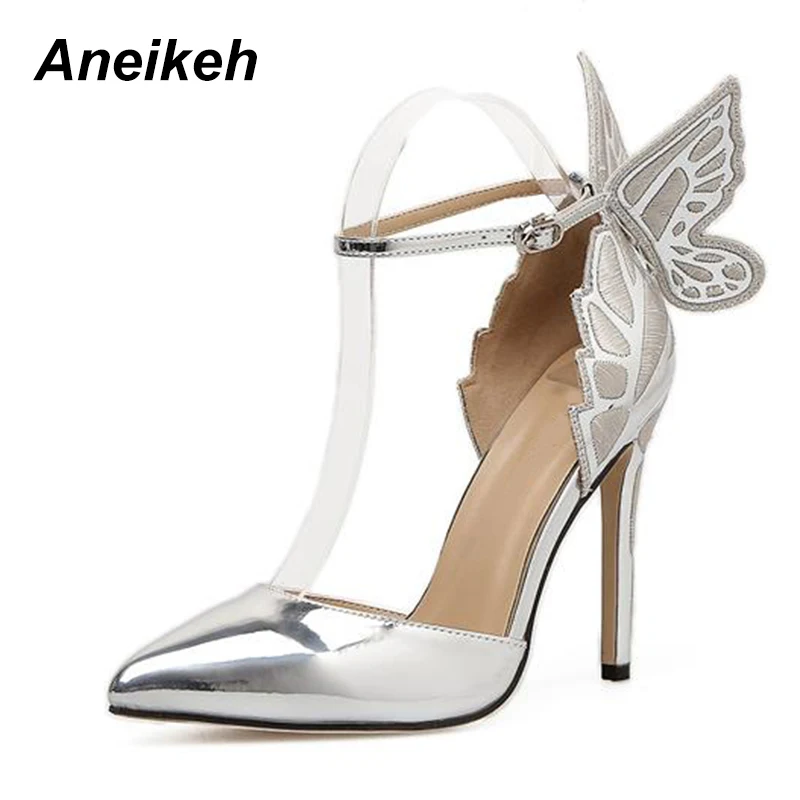 Aneikeh Fashion Butterfly Wing Top Sold Buckle Strap Women Pumps Sexy Pointed Toe High Heel Women Party Shoes Size 35-40
