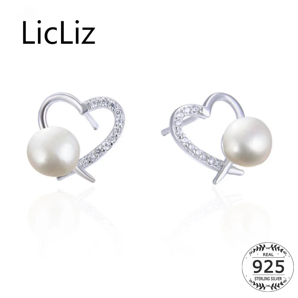 

LicLiz 2019 New Round White Pearl 925 Sterling Silver Stud Earring for Women Hollow Heart Studs White Gold Zircon Jewelry LE0493