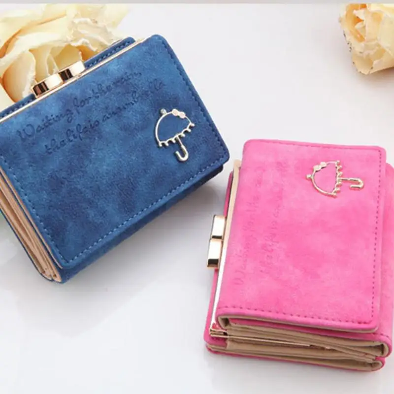 2016 New Fashion Cute Nubuck leather women wallets Lovely Umbrella Short wallet card holder coin purse