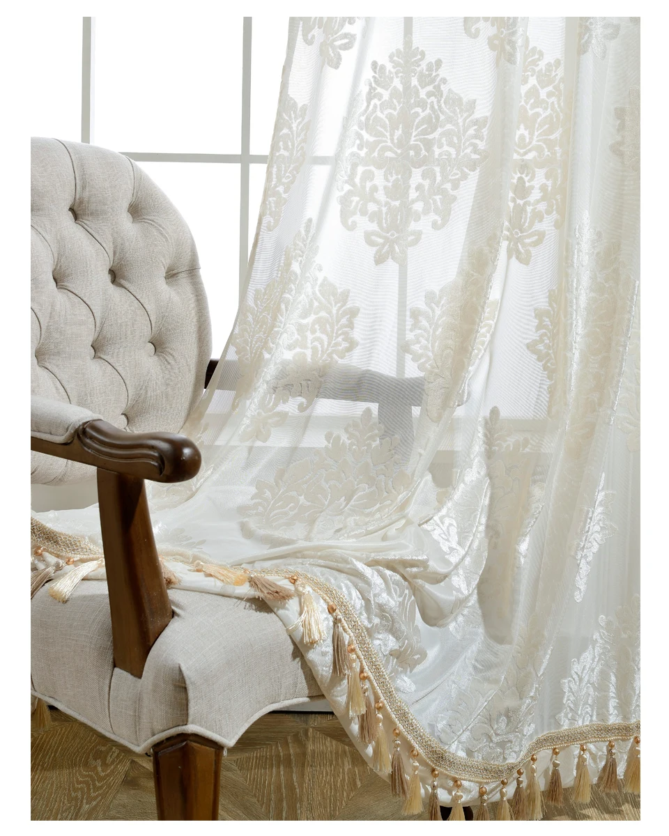 Белая Роскошная декоративная занавеска с кисточками, драпировка для шторы на окна для гостиной, отвесный вышитый тюль коричневого цвета