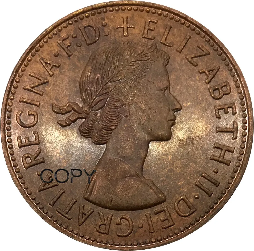 Великобритания 1954 One Penny Elizabeth II 99% красная медь копия монет Гладкий край