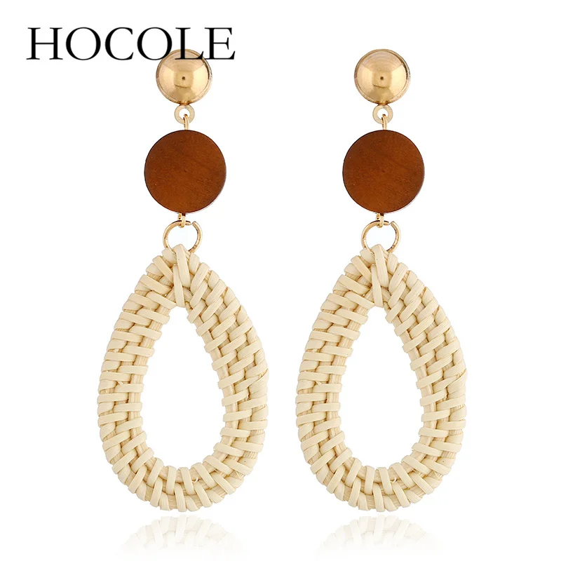 

HOCOLE 2018 New Round Wooden Drop Earrings for Women Water Drop Rattan Knit Dangle Earrings Handmade Ear Accessories Gift