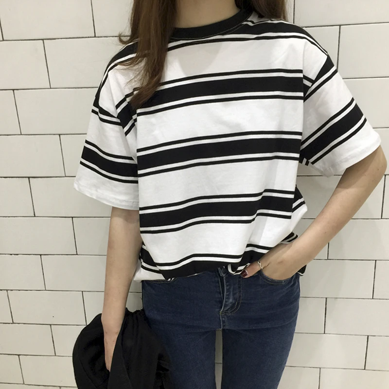 

Summer Black White T Shirt Women Harajuku Striped Tops Tshirt Short Sleeve Korean Punk T-shirt Camiseta Feminina