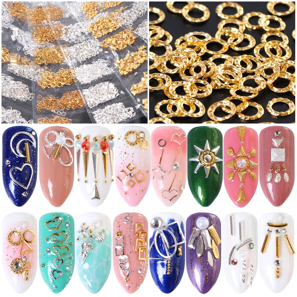 

1 Bag Metal Rivets Nail Studs Mixed Shapes 3D Frame Nail Art Decoration Hollow Gold Silver Round Square Triangle Ocean Tip TR688