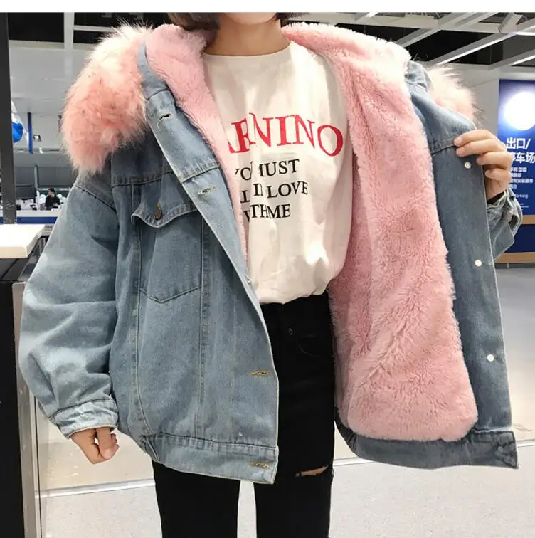 

With Fur Trim Hood Cotton Liner Long denim jackets women winter hardy warm denim coats jackets female plus size loose outerwear