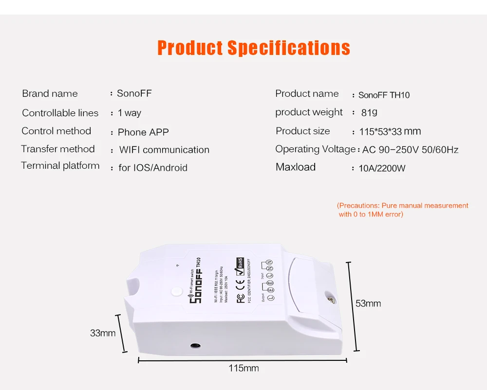 SONOFF TH10 Wi-Fi переключатель модуль автоматизации контроль температуры и влажности Умный дом беспроводной пульт дистанционного управления 10A 220 Вт