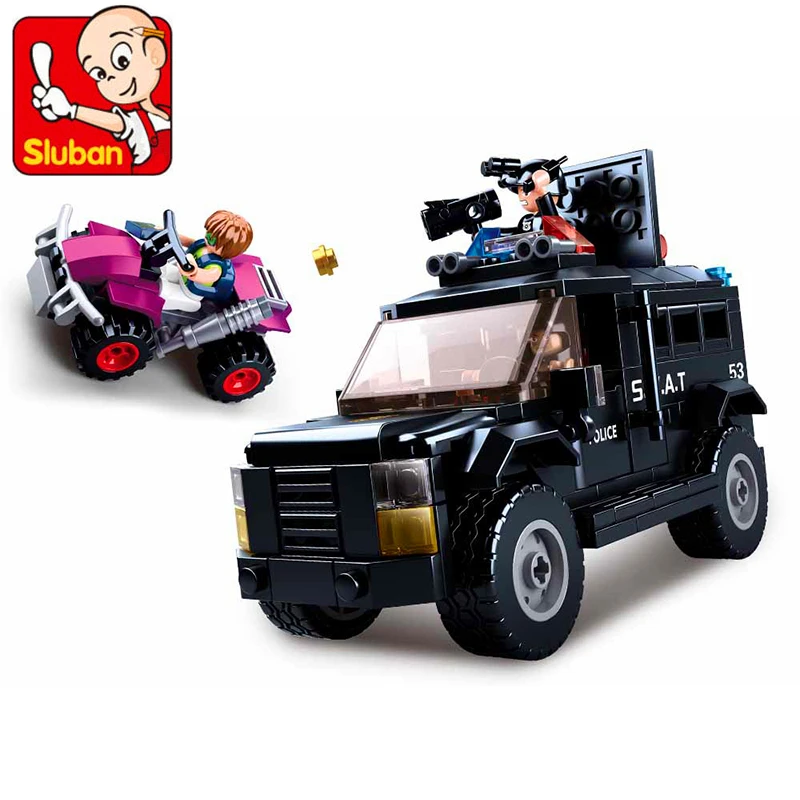 

Genuine SLUBAN 0653 293Pcs City SWAT Police Armoured Jeep Car Model Building Block Toys For Children Compatible Legoe