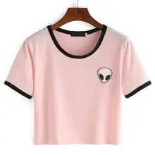Women Hipster Harajuku Cute Stripe Short Sleeve Cotton Tshirts Crop Top Tee Alien Embroidery T Shirt 2016