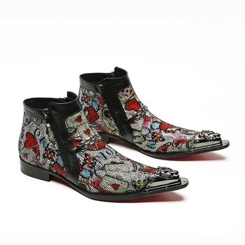 

men fashion printing leather boots mens pointed toe ankle boots business casual cowboy boots career work booties oxfords