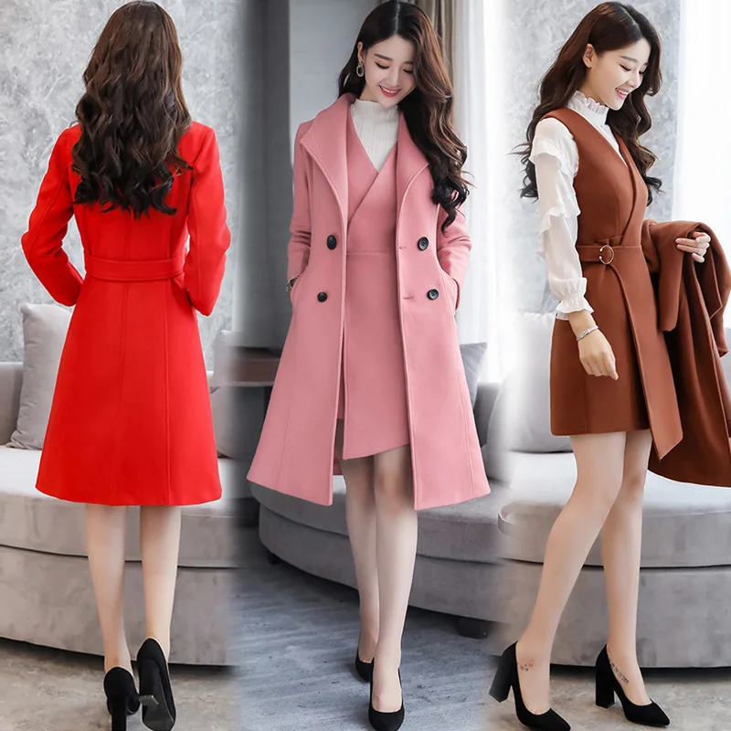 2018 New Spring Woolen Coat Trench Women Slim Double Breasted Black Winter Coats Long Outerwear for Women Coat Outside Overcoat