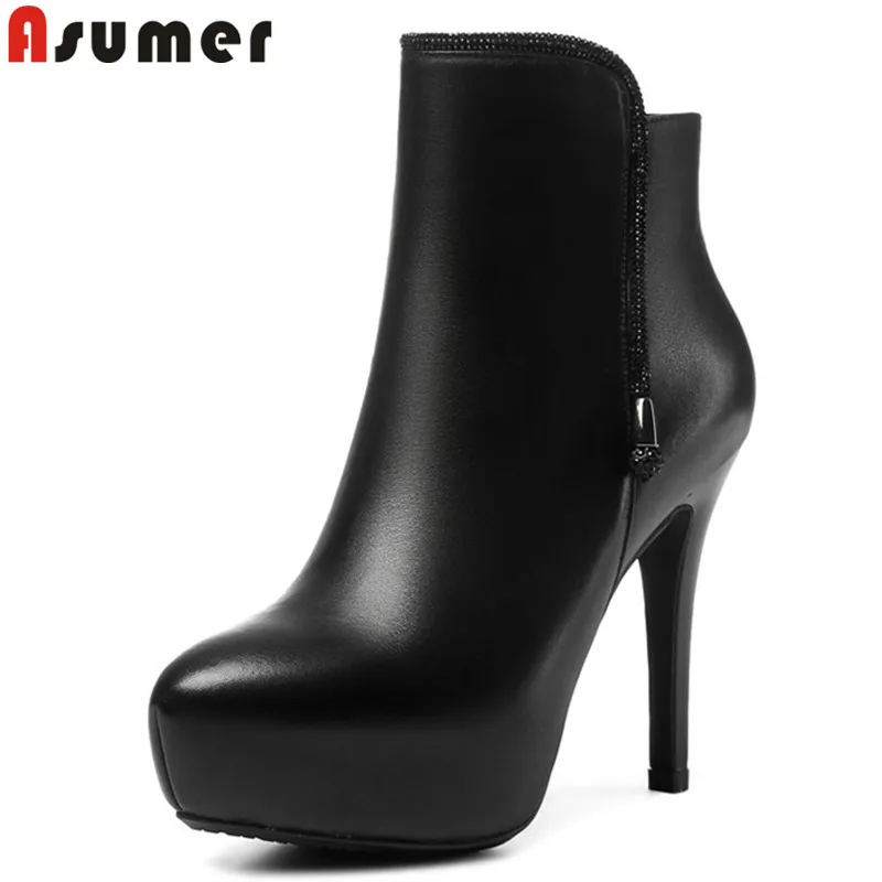 

ASUMER black red fashion autumn winter boots round toe zip genuine leather boots platform thin high heels ankle boots for women
