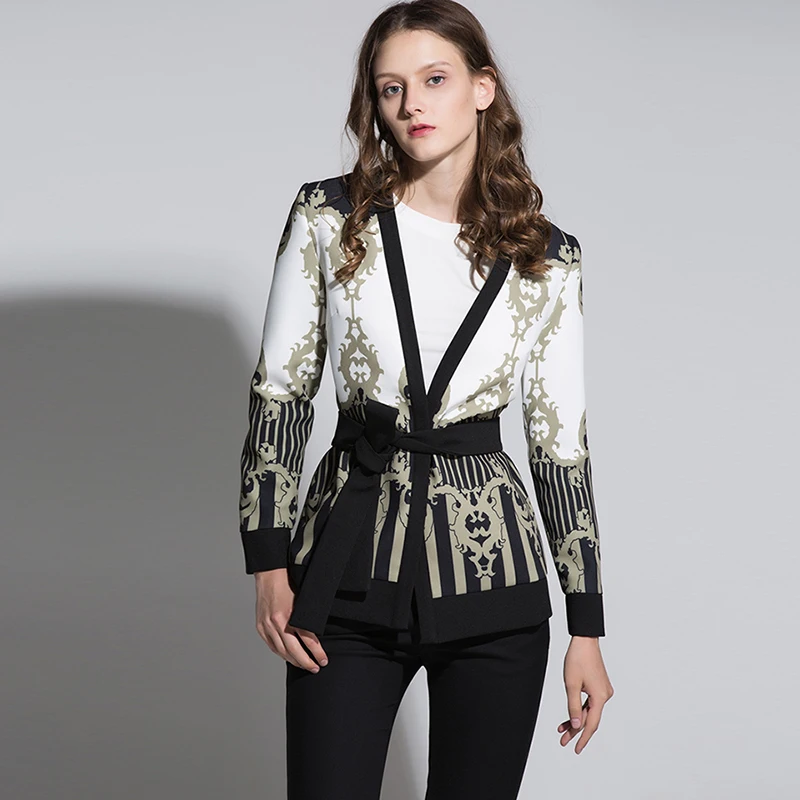 

Vintage Jackets New 2019 Spring Fashion High Quality Women V-Neck Slim Abstract Printing Belt Elegant European Jacket