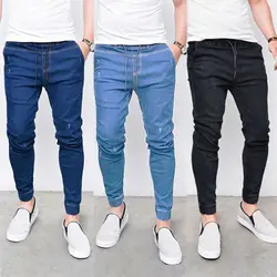 Мужские джинсы на шнуровке, эластичные джинсы для мужчин