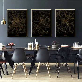 

Berlin Bonn Cologne Dusseldorf Essen Germany City Map Black and Gold Map Canvas Art Print Wall Pictures for Living Room No Frame