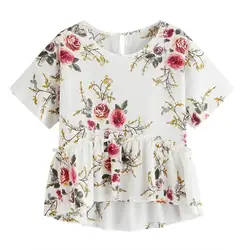 Женская футболка с рюшами и цветочным принтом подол Ruched короткий рукав шифоновый топ женские летние футболки 2019 C3032