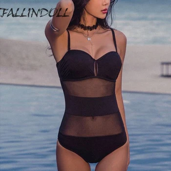 

FALLINDOLL 2018 New One Piece Swimsuit Women Mesh Solid Plus Up Swimwear Bodysuit Sexy Backless Swim Suits Monokini Swimsuit