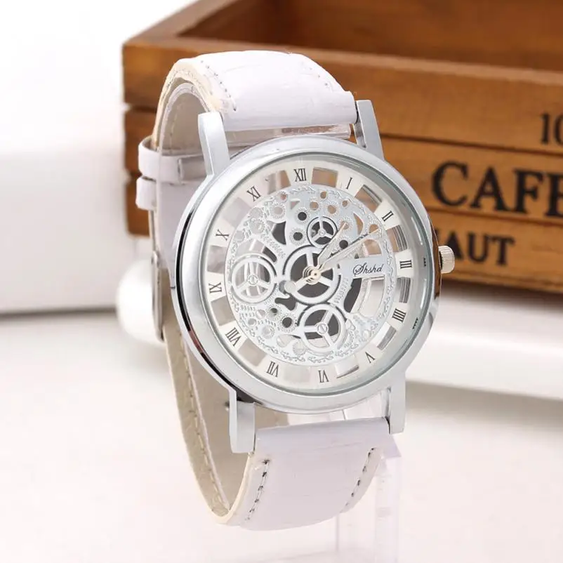 

Fashion Business Skeleton Watch Men Engraving Hollow Reloj Hombre Dress Quartz Wristwatch Leather Band Women Clock Relojes Mujer