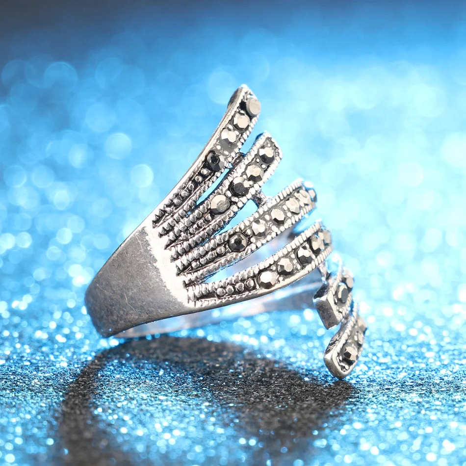 Кольцо с черным кристаллом, цвет серебро, простые винтажные Свадебные Кольца для женщин, дешевые ювелирные изделия
