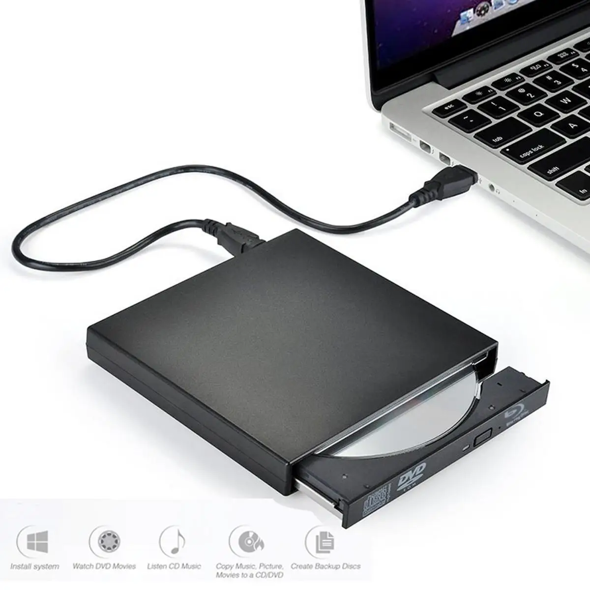 

Black USB 2.0 External BD Blu Ray DVD+/RW DVD+/-DL CD+/-RW Drive Writer Burner 3D Play For WINDOWS XP/7/8/10 Mac Desktop Laptop