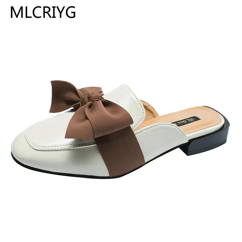 

2019 New Classic Women Slippers High Quality Waterproof Bowtie Shoes for Woman Low Heels Office Ladies Daily Dress Flip Flops