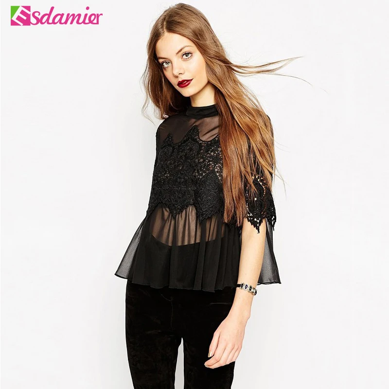 Back Open Sexy Blouses For Women Black White Embroidery Lace Blouse