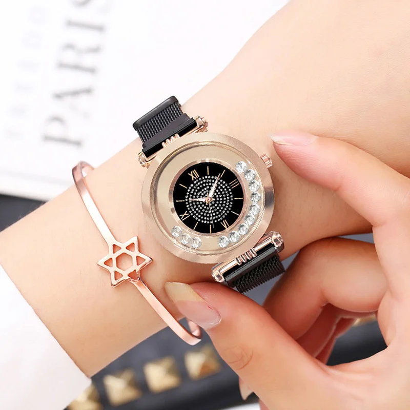 Роскошные женские часы с бриллиантами montre femme 2019 Топ бренд мобильный горный хрусталь черные часы женские кварцевые часы магнит для женщин