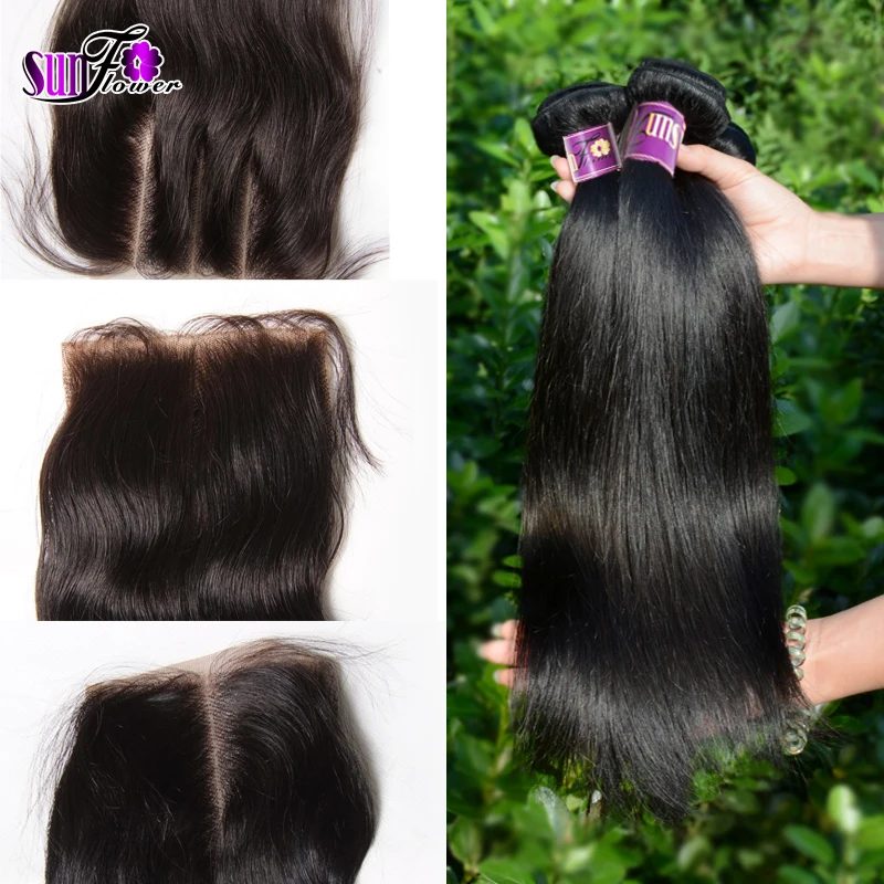 

Cheap 4Pcs/Lot 7A Peruvian Silky Straight Human Hair Bundle With Top Lace Closure Peruvian virgin Hair Middle/Free/3 way Closure