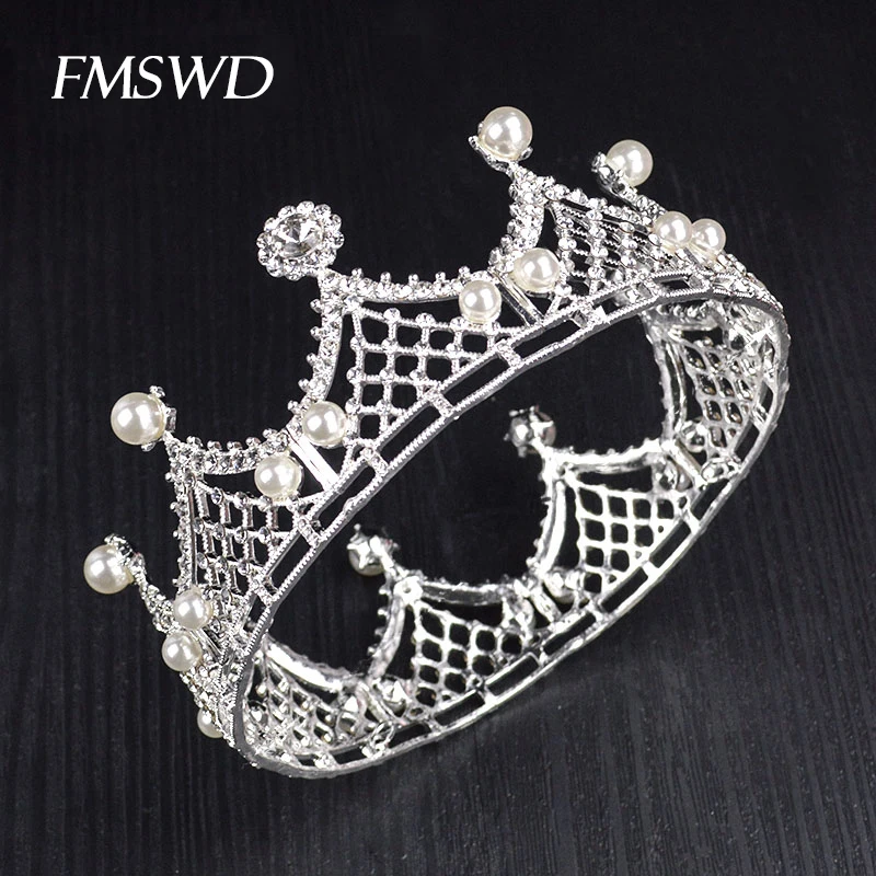 

Silver Baroque Wedding Full Round Prom Crown Vintage Diadem Large Crystal peal Tiara prom Wedding Pageant Queen Hair Accessories