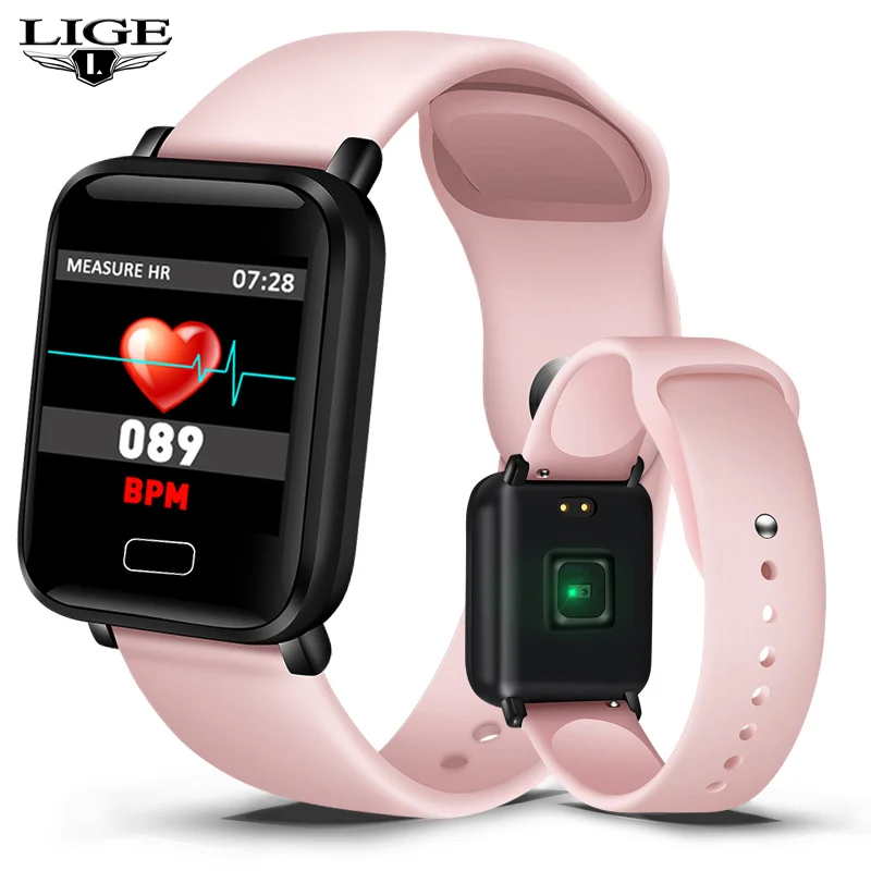 LIGE спортивный умный Браслет пульсометр монитор кровяного давления умный фитнес-браслет часы Шагомер Смарт-браслет для Android IOS - Цвет: Pink