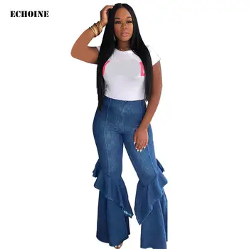 

Ruffle Flare Denim Jeans Pants High Waist Women Trousers Sexy Stretching Skinny Retro Women Long Pants 2019