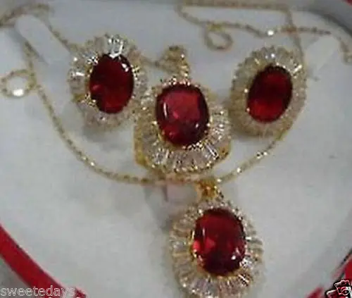 

Genuine Red Crystal NecklacePendant Earring Ring Jewellery Sets ^^^@^18K GP style Fine jewe Noble Natural jade
