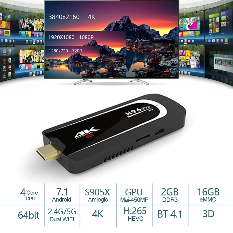 

H96 Pro H3 Mini PC Amlogic S905X Tv Box Quad Core Android 7.1 TV Dongle 2GB16GB 2.4G/5.G WiFi BT4.1 1080P 4K HD TV Stick