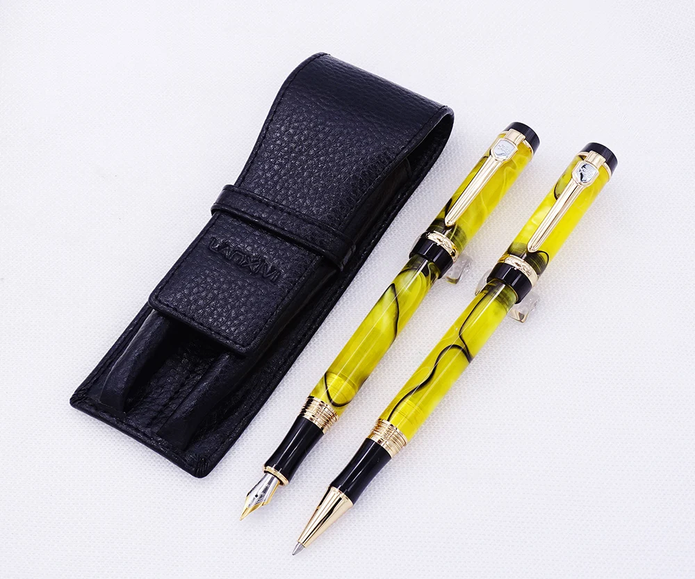 

Jinhao Century Series Yellow Celluloid Fountain Pen & Rollerball Pen with Real Leather Black Pencil Case Washed Cowhide Pen Case