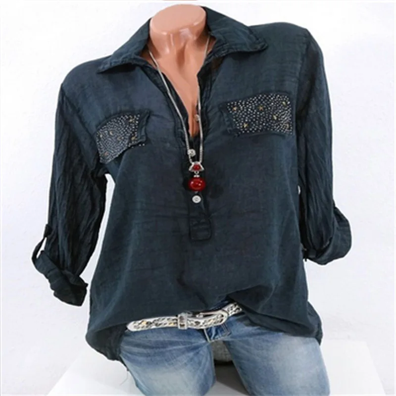 

Turn-down Collar Shirt Women Autumn Long Sleeve Pocket Blouse Female Casual Vintage Lapel Tops Blusas Feminina